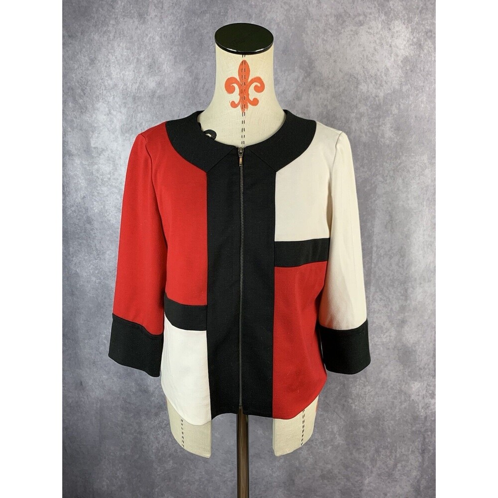 Focus Zip Up Jacket Knit Women's Size 8 Red White Black Lined Long Sleeve